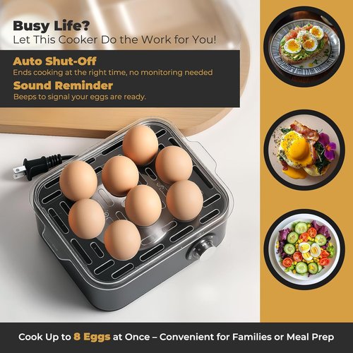 Annie & Mia Design Stainless Steel Electric Egg Cooker - 8 Egg Capacity, 500W, Auto Shut-Off, Recipe Guide (Black)
