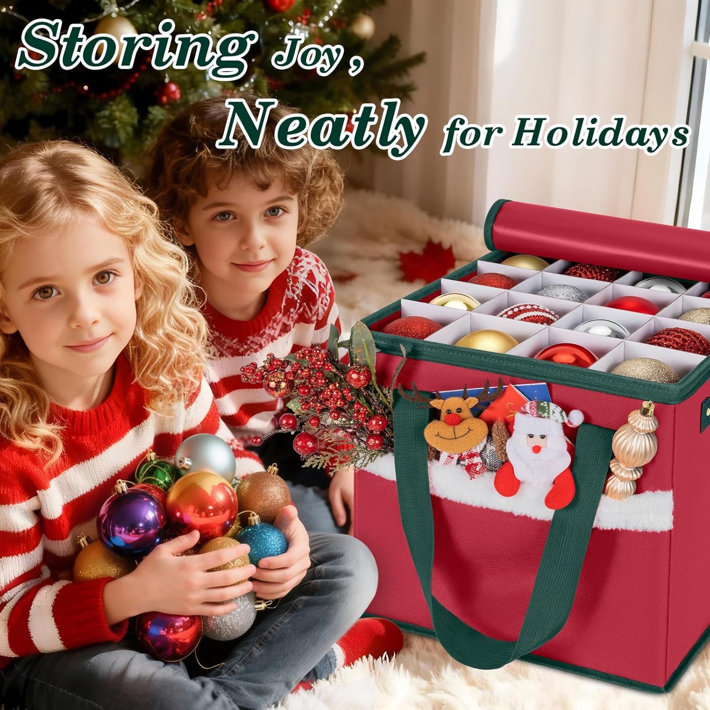 Regine Switzerland Christmas Ornament Storage Box - Adjustable Dividers for 64 Ornaments | Zippered Top, 3 Inch