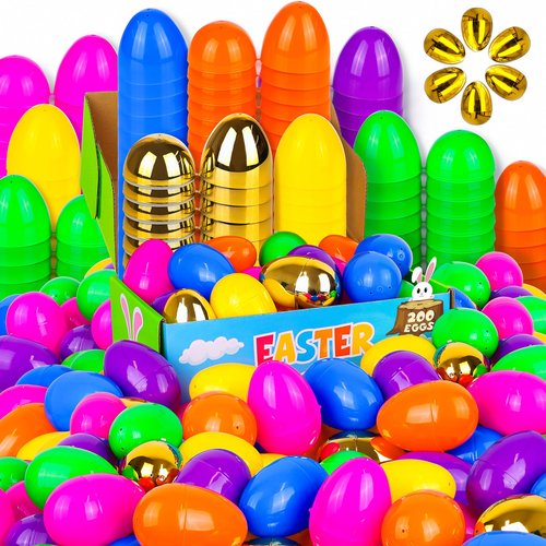 Grastfu 200 Pack 3 Inch Large Plastic Easter Eggs Bulk Include 6 Surprise Golden Eggs, Colorful Fillable Easter Egg Empty for Easter Hunt, Easter Basket Stuffers Fillers, Theme Party Favors Prize
