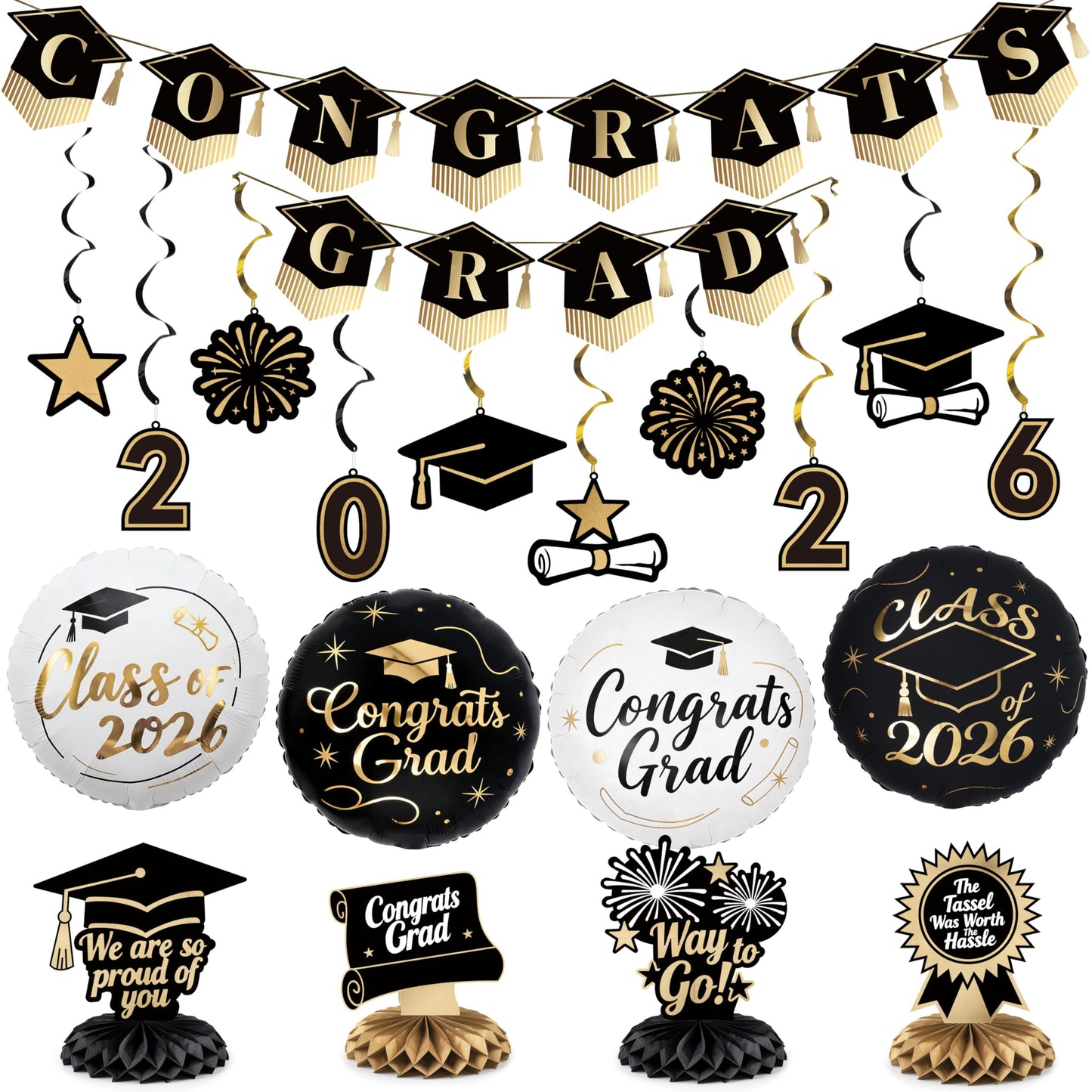PartyWoo Graduation Decorations Class of 2026 Black Gold 19pcs Grad Party Supplies with Black Gold Congrats 2026 Grad Banner Hanging Swirls Foil Balloons Graduation Cap Centerpieces Party Decorations
