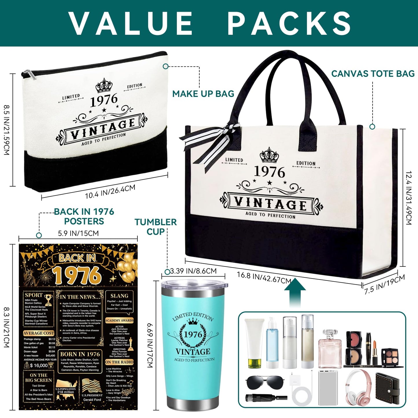 TrophyToast 50th Birthday Gifts for Women Her- 4 pcs, Turning 50 Year Old Gifts, Decorations Canvas Beach Tote Bag & Makeup Bag, Unique Happy 50th Present for Her Mom Wife Friends