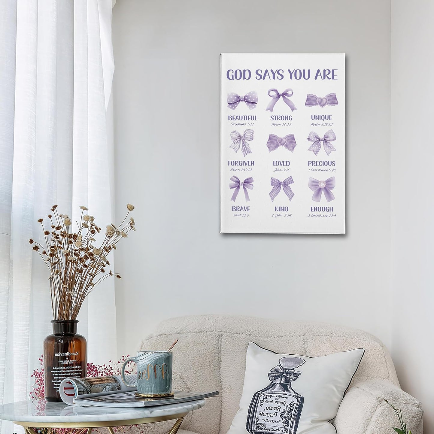 PHAMTE Christian Wall Art - Purple Bow Canvas Decor 16x24 | Inspirational Bible Verse for Girly Room