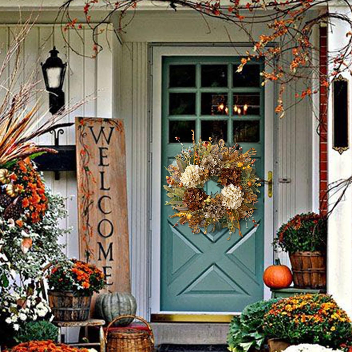 WANNA-CUL 24 Inch Fall Wreath - Hydrangea & Little Pumpkins | Seasonal Home Decor for Autumn & Thanksgiving