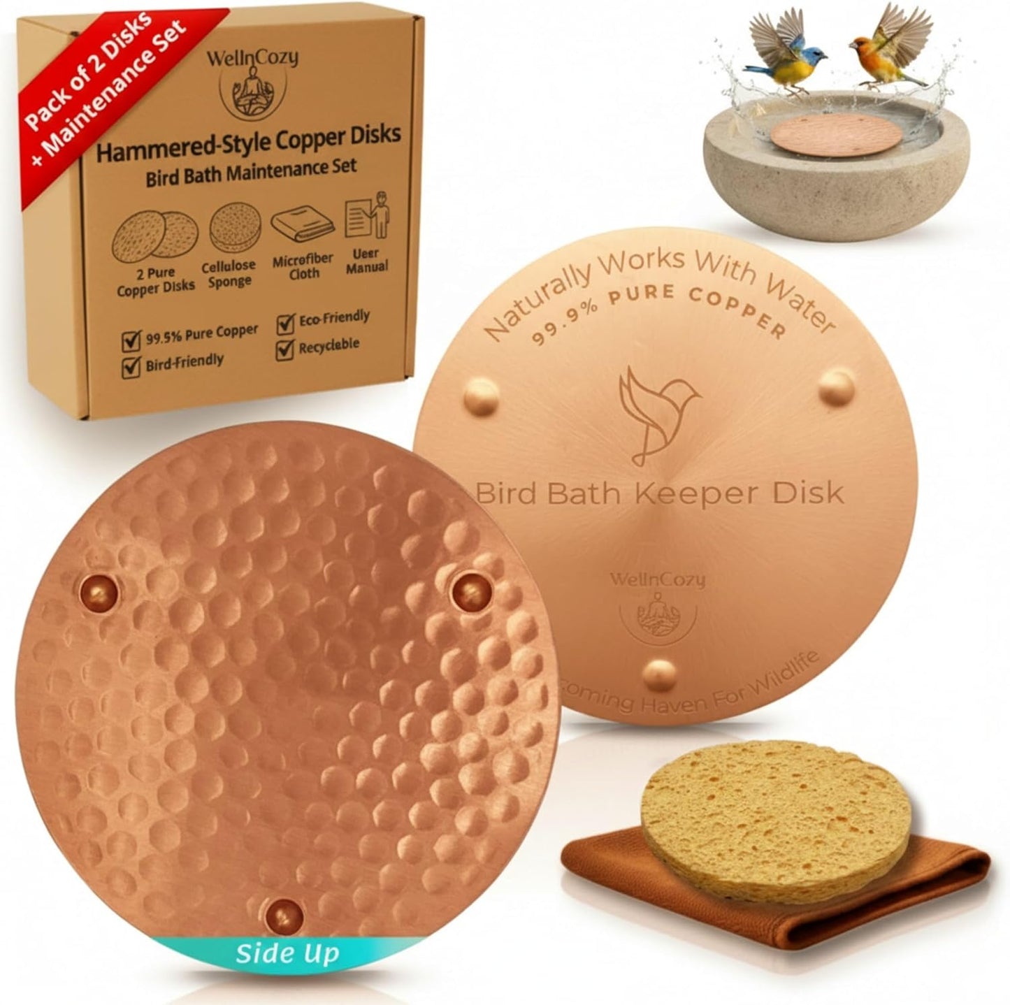 Skiennix Bird Bath Copper Disk Set - 99.9% Pure Hammered Copper Plate, Rustic Design for Easy Maintenance