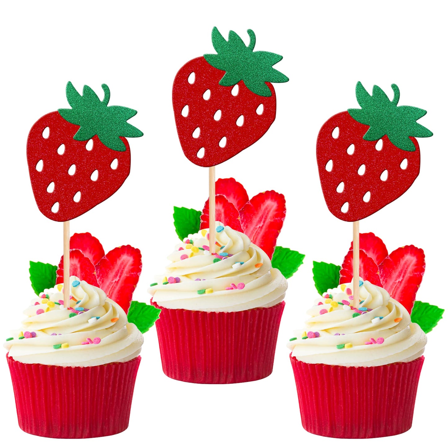 24 PCS Strawberry Cupcake Toppers Red Glitter Fruit Theme Berry Strawberry Cupcake Picks for Summer Sweet Fruit Baby Shower Kids Birthday Party Cake Decorations Supplies