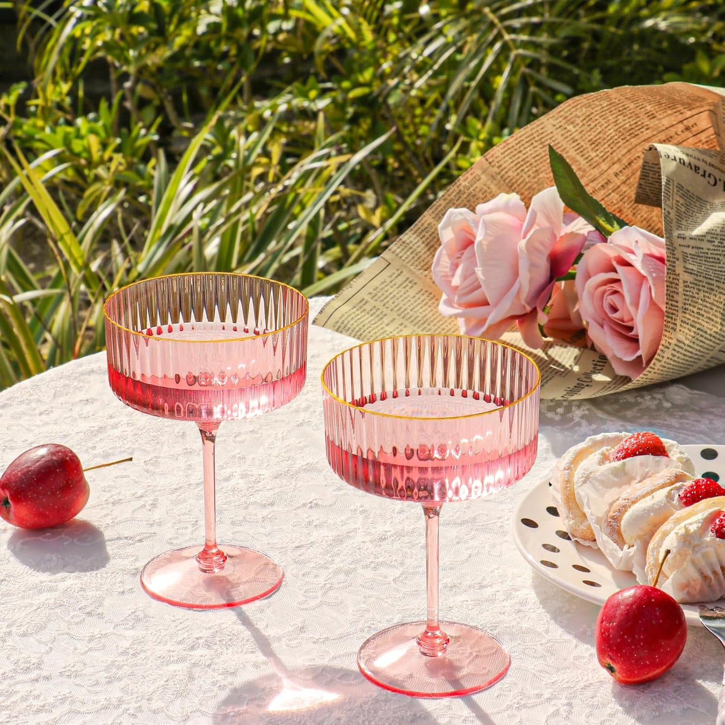 Skiennix 12 PCS Pink Ribbed Coupe Glasses - 10oz Vintage Cocktail Glassware with Gold Rim for Weddings & Parties