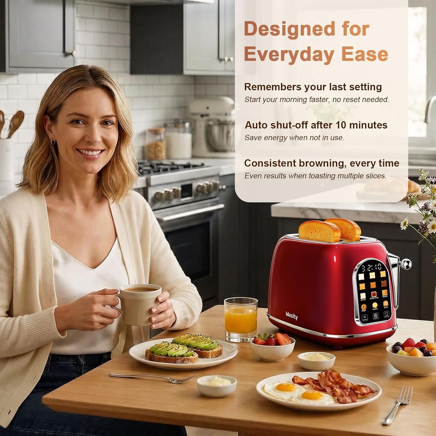 Mecity Toaster - 2 Slice Retro Touch Screen Toaster for Bread, Bagels & Muffins | Red Pearl, 120V 825W