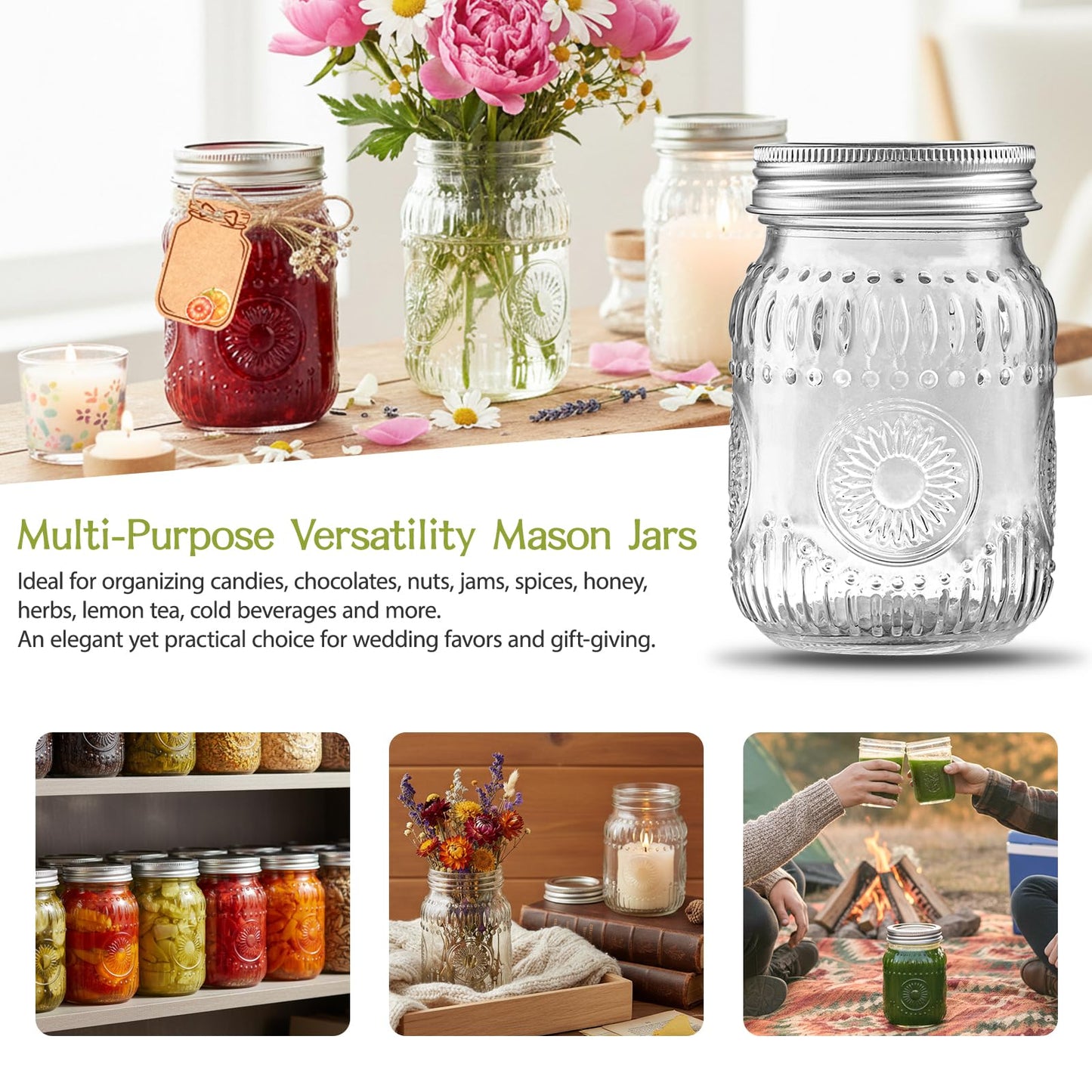 16oz Glass Mason Jars with Embossed Pattern, 15-Pack Pint Canning Jars with Airtight Lids for Fermenting,Overnight Oats,Pickling,Preserving,Ideal for Centerpieces,DIY Crafts,or Wedding Favors