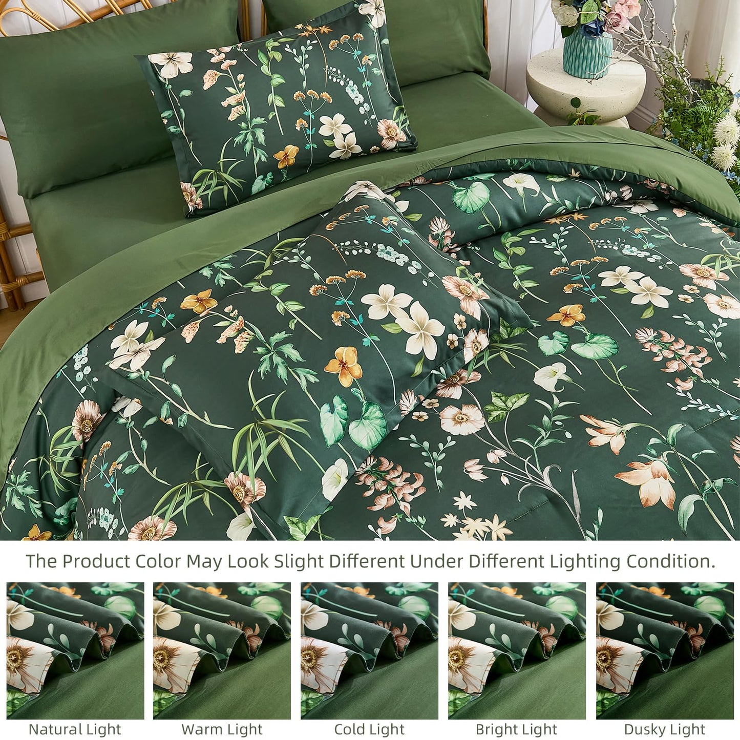 DJY Queen Comforter Set, Green Botanical Floral Bedding Comforter Sets Queen Size for All Seasons, 7 Pieces Bed in a Bag Lightweight Microfiber Comforter Set with Sheets Pillowcases & Shams