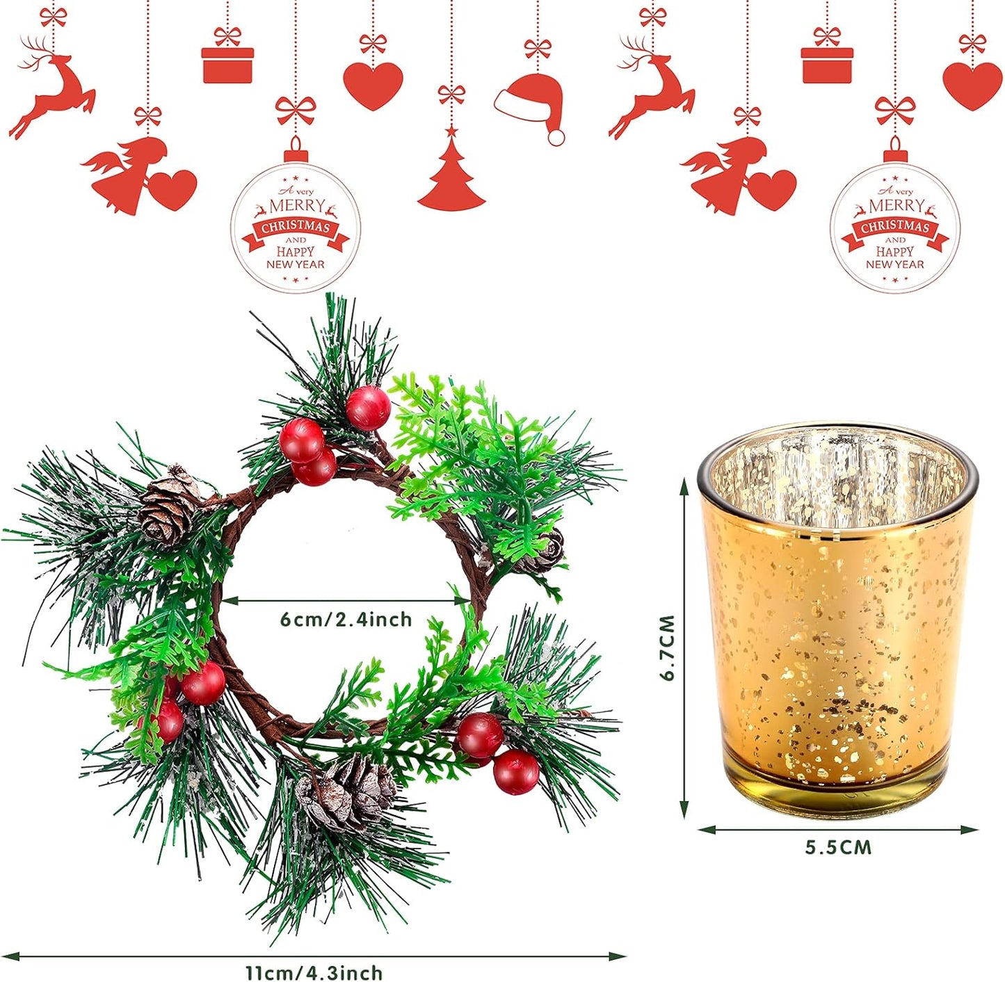 Skylety Christmas Votive Candle Holders - 4 Pack Glass Tealight Holders with Red Berry Wreaths