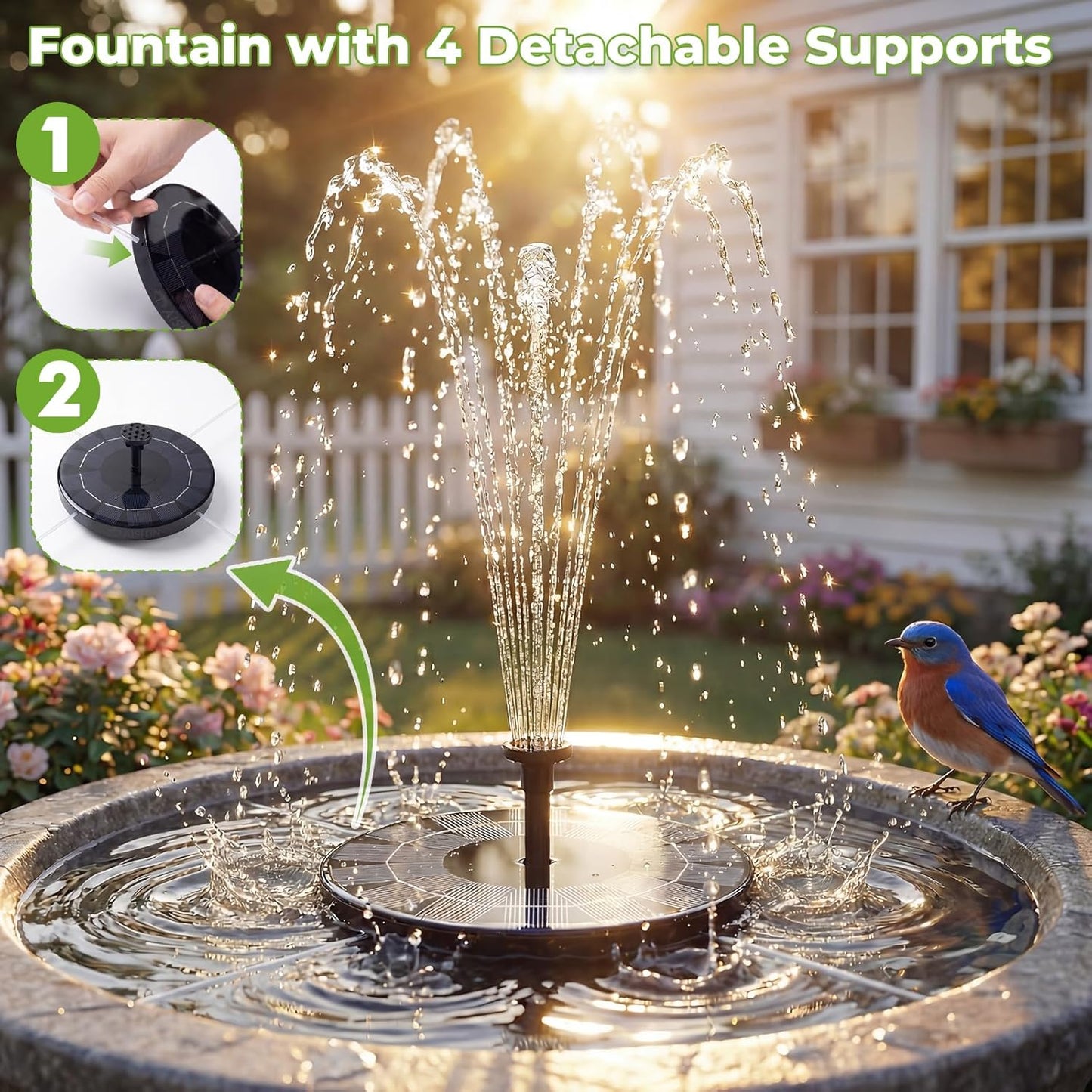 AISITIN Solar Bird Bath Fountain Pump - 2.5W Solar Powered Water Pump with 6 Nozzles | Ideal for Garden, Pond, Pool, and Aquarium