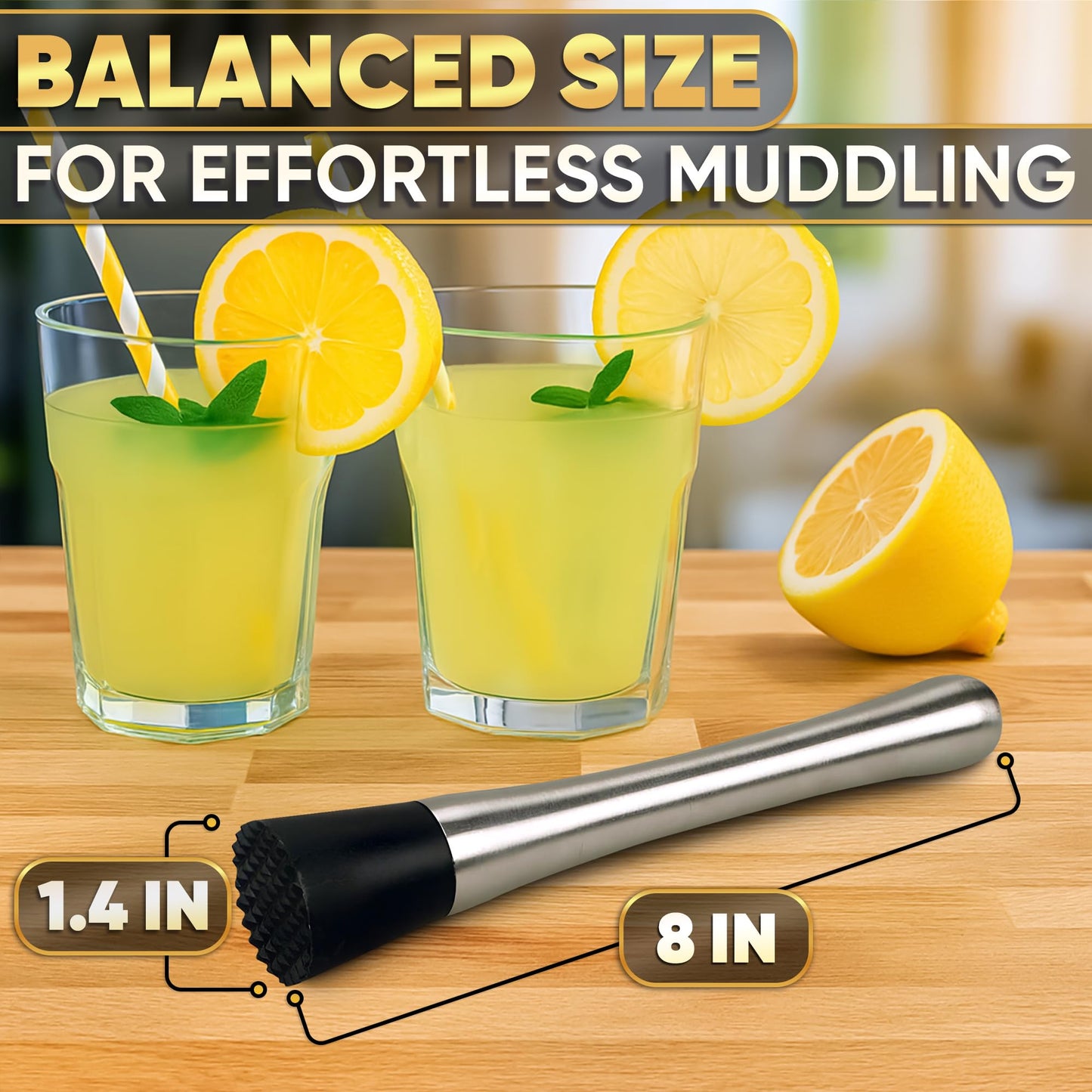 Muddler for Cocktails – 8 Inch Cocktail Muddler Tool with Stainless Steel Handle & Grooved Nylon Head – Fruit Smasher for Drinks, Mojitos, Mint, Lemons, Herbs, Berries – Home Bar & Bartender Essential