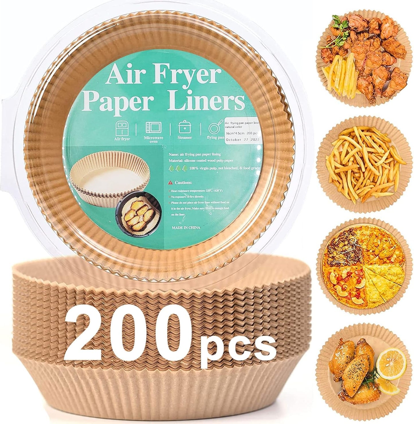 Skiennix Air Fryer Disposable Paper Liners - Non-Stick, Oil-Proof & Food Grade | 200 Pcs, 6.3" Bottom, 8" Top