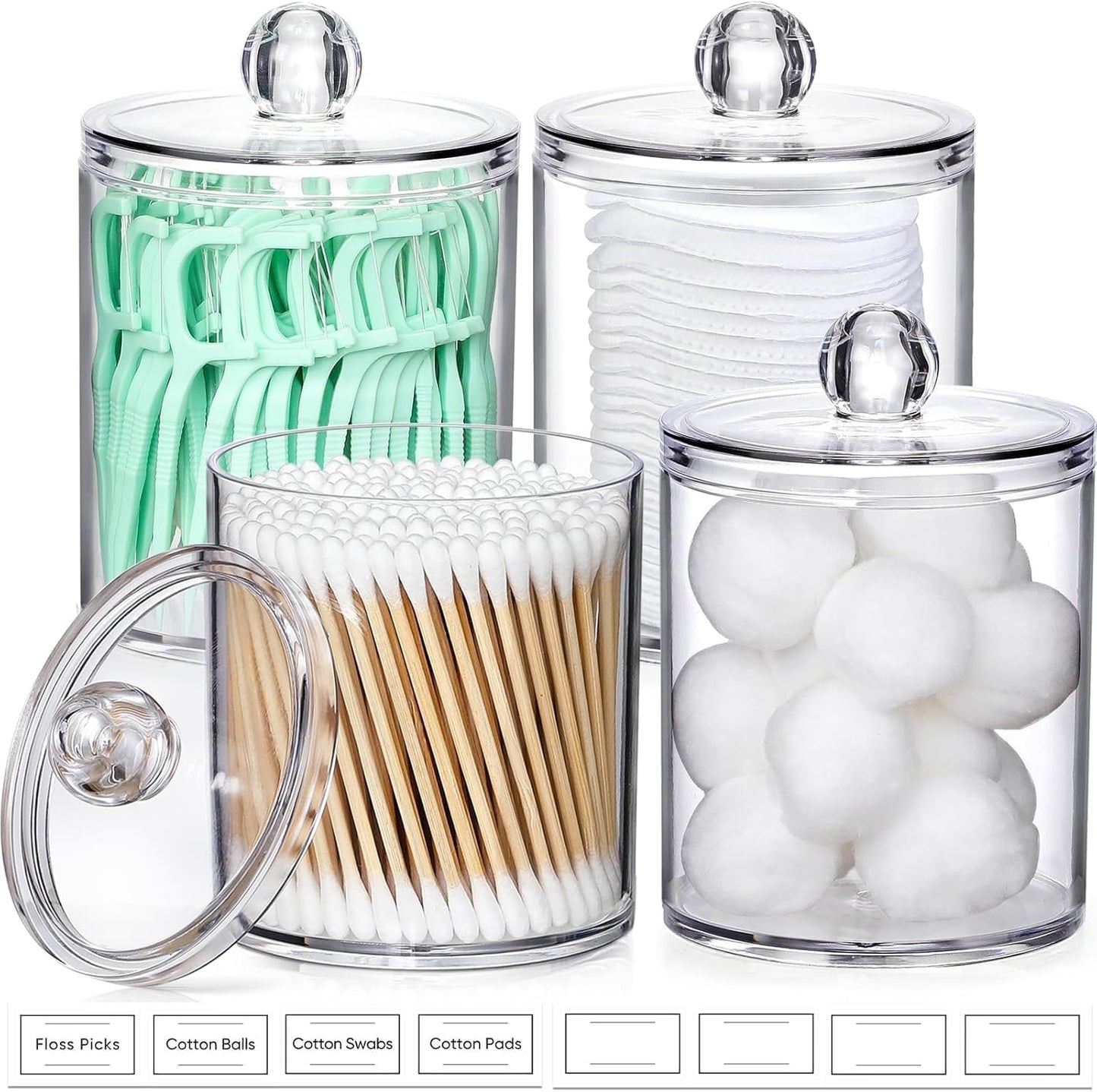 Skiennix Acrylic Qtip Holder Dispenser - 4 Pack Clear Canisters for Cotton Swabs & Makeup Storage