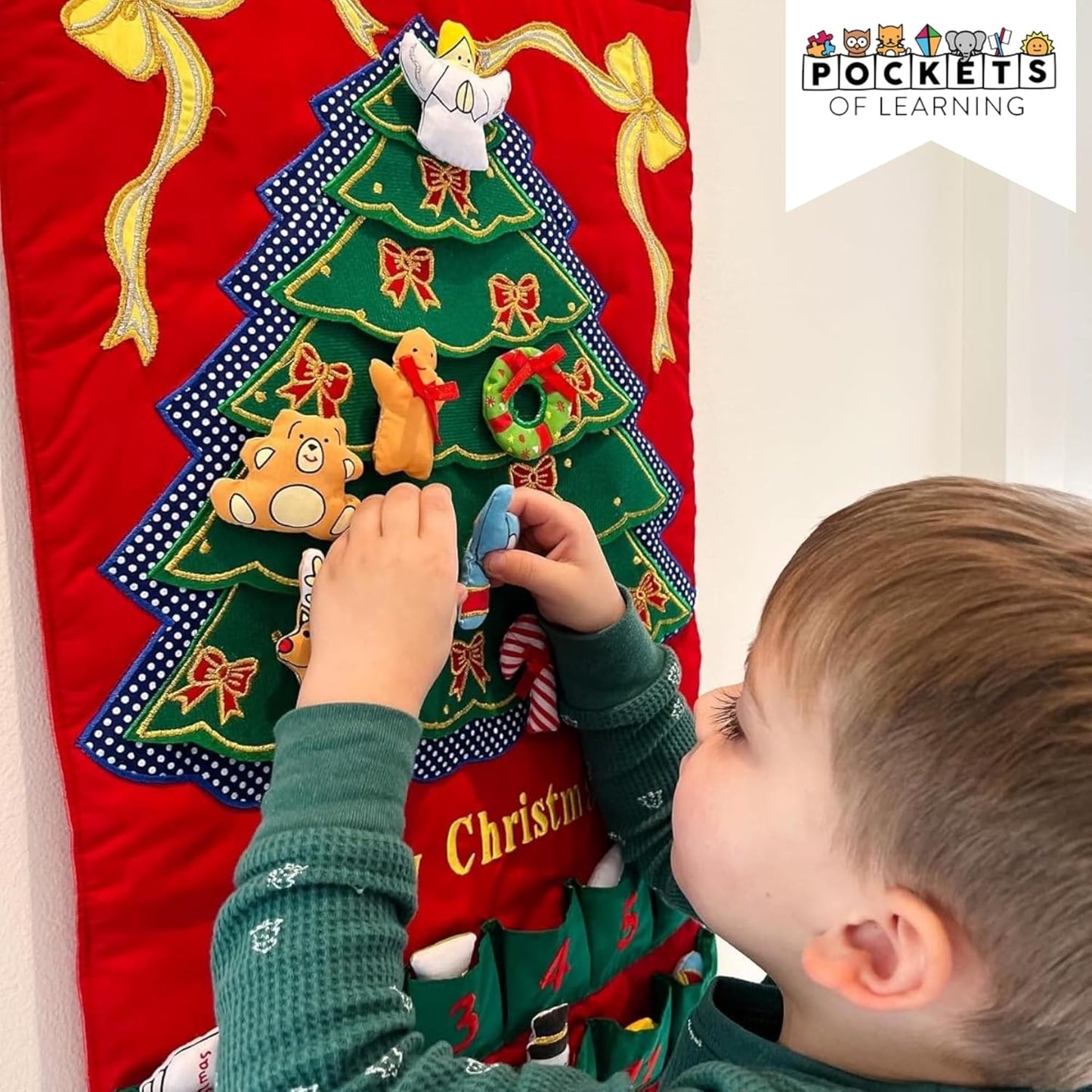 Pockets of Learning Merry Christmas Green Tree Advent Calendar - Festive Fabric Wall Hanging with 24 Stuffed Ornaments