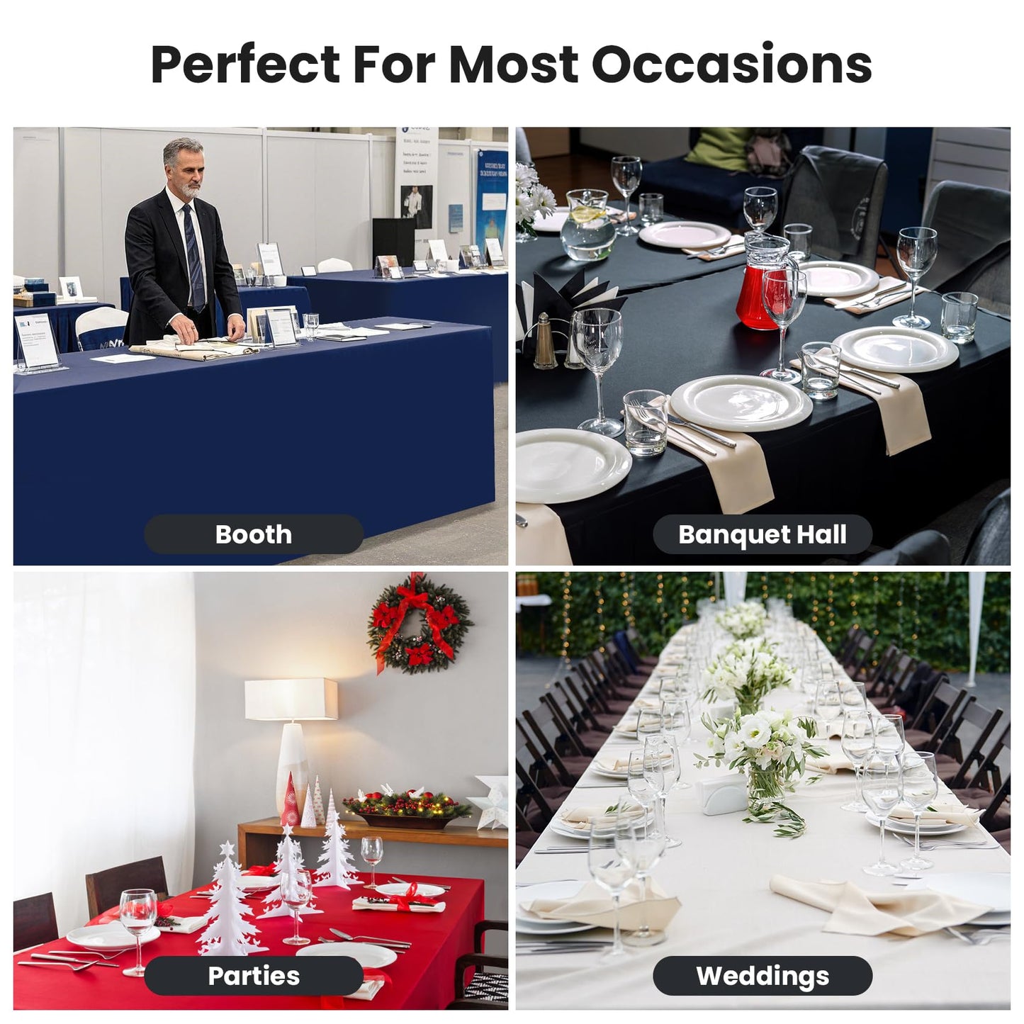 Ascoza 2 Pack Fitted Tablecloth for 4 Foot Rectangle Tables 48 x 24 Inch Black Table Covers Water Resistant Polyester Table Cloth for Wedding, Parties,Display, Trade Show (Black)