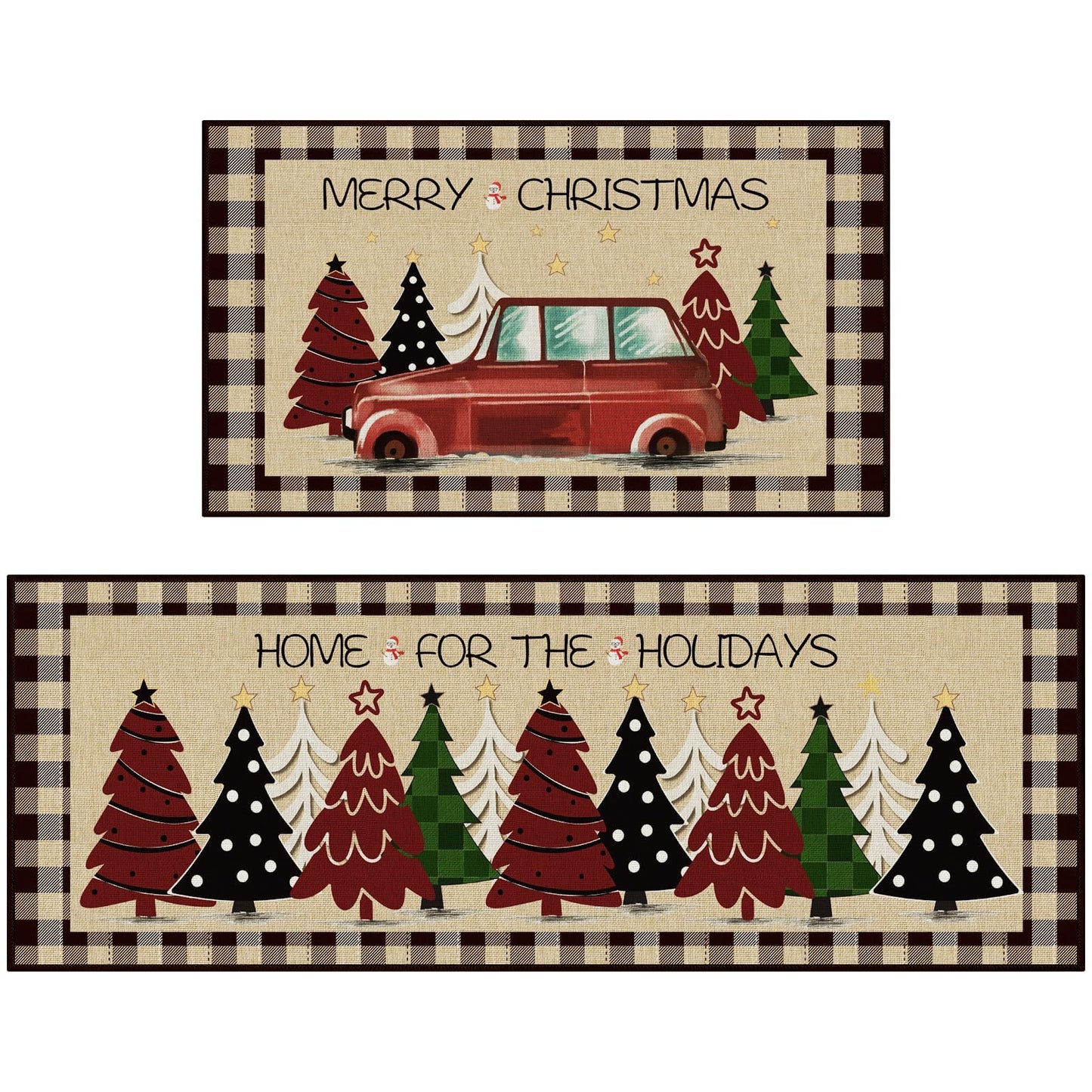 StepRite Kitchen Mats for Floor, 2 PCS Christmas Kitchen Rugs, Non-Slip Bottom with Christmas Tree Print, Low-Profile Mat for Home, Office, Sink, Kitchen,Hallway,Holiday Decor(17”x30”+17”x47”-Brown)