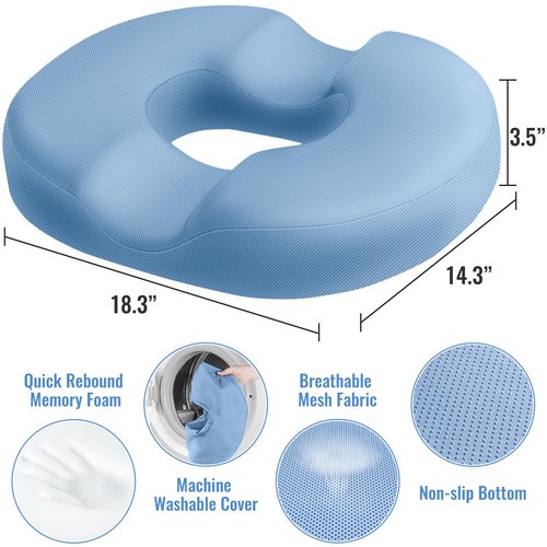 CloudBliss Donut Pillow Seat Cushion Chair Pad for Tailbone Pain Relief and Hemorrhoids, Memory Foam Seat Chair Cushion for Men and Women for Home & Office, (Light Blue-XL)