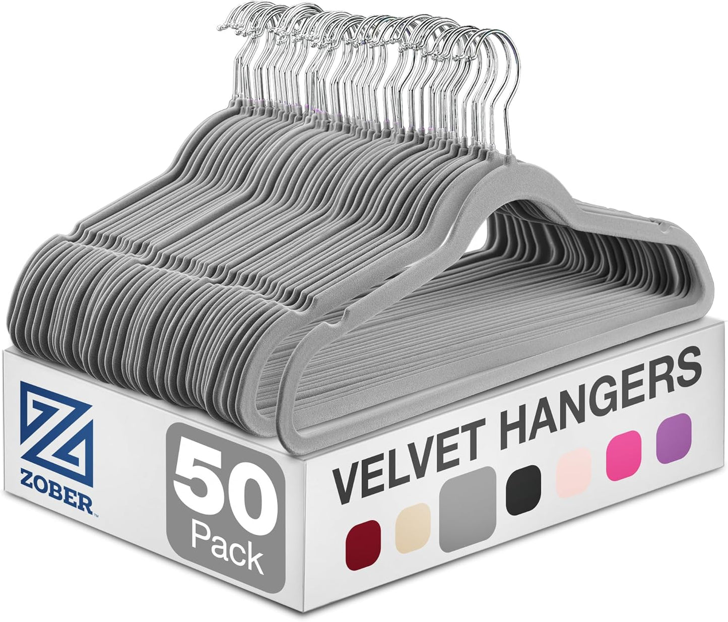 Zober Velvet Hangers 50 Pack | Heavy Duty Non-Slip Gray Hangers for Coats, Pants & Dresses