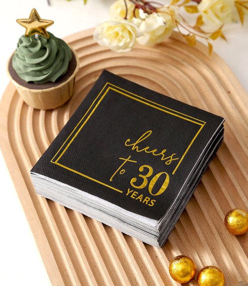 Cheers to Years Cocktail Napkins - 50 PK - 3-Ply Birthday Napkins 5x5 Inches Disposable Party Napkins Beverage Paper Napkins or Birthday Decorations Wedding Anniversary Black and Gold (30 Years)