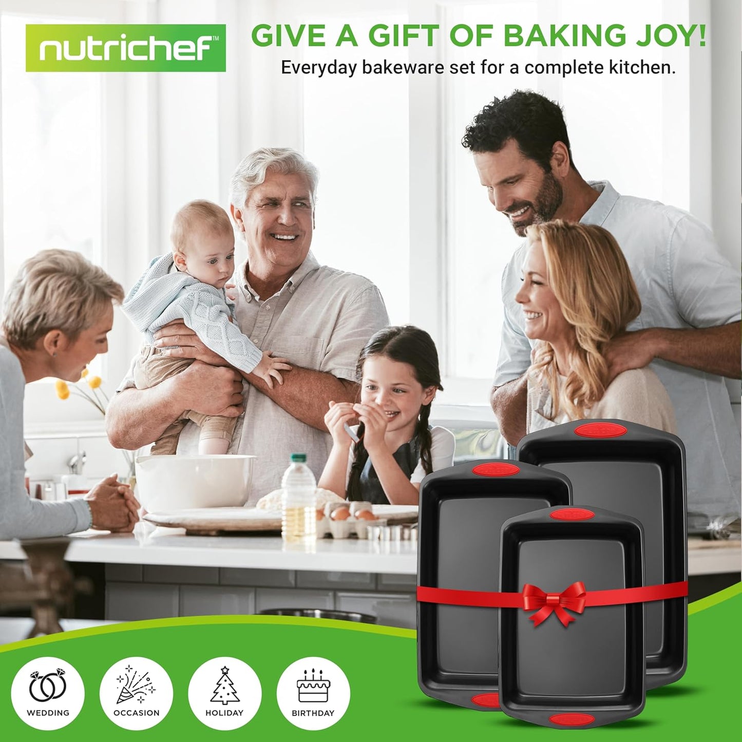 NutriChef 3-Piece Baking Pan Set | Premium Nonstick Carbon Steel Bakeware with Silicone Handles - Black