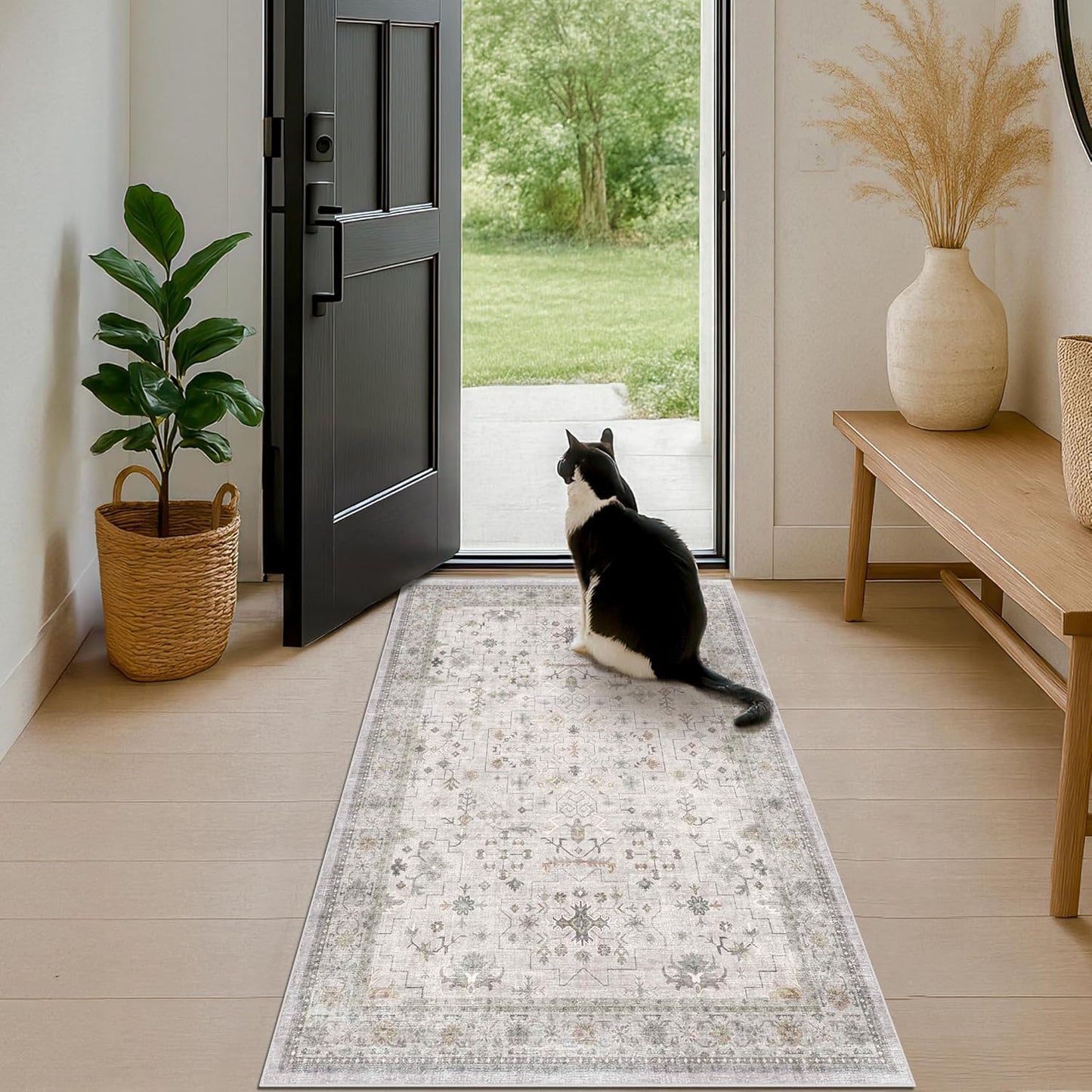 Regine Switzerland Large Boho Bathroom Rug - Washable Low Pile Floral Design in Light Grey, 3x6 ft