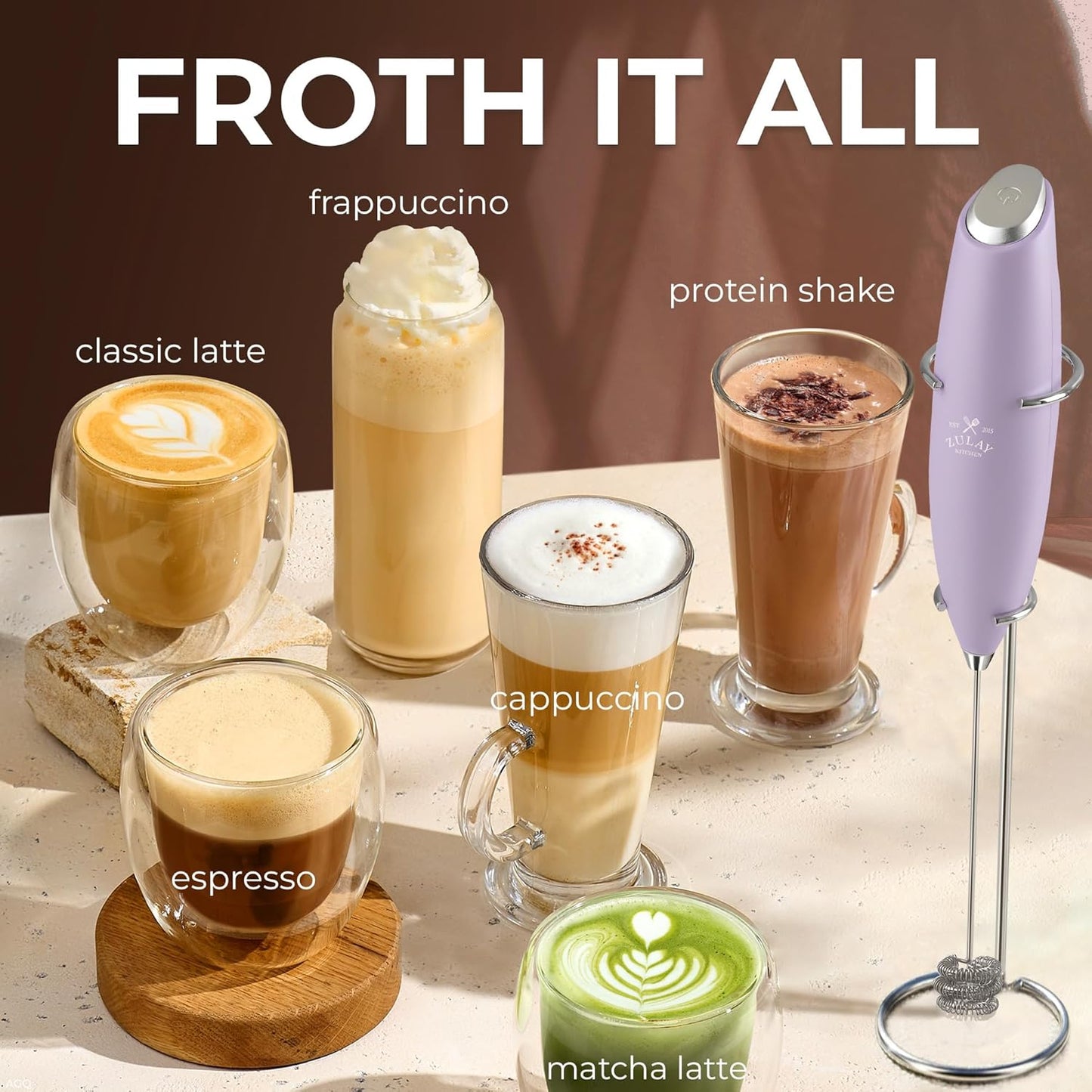 Zulay Kitchen Tornado Triple Whisk Milk Frother - Handheld Foam Maker for Coffee & Lattes - Lilac Color with 4 Duracell Batteries