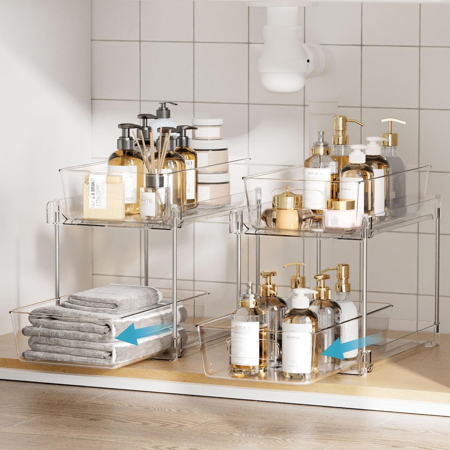 Vtopmart 4-Pack Bathroom Organizer - 2-Tier Clear Under Sink Storage Bins for Vanity & Kitchen