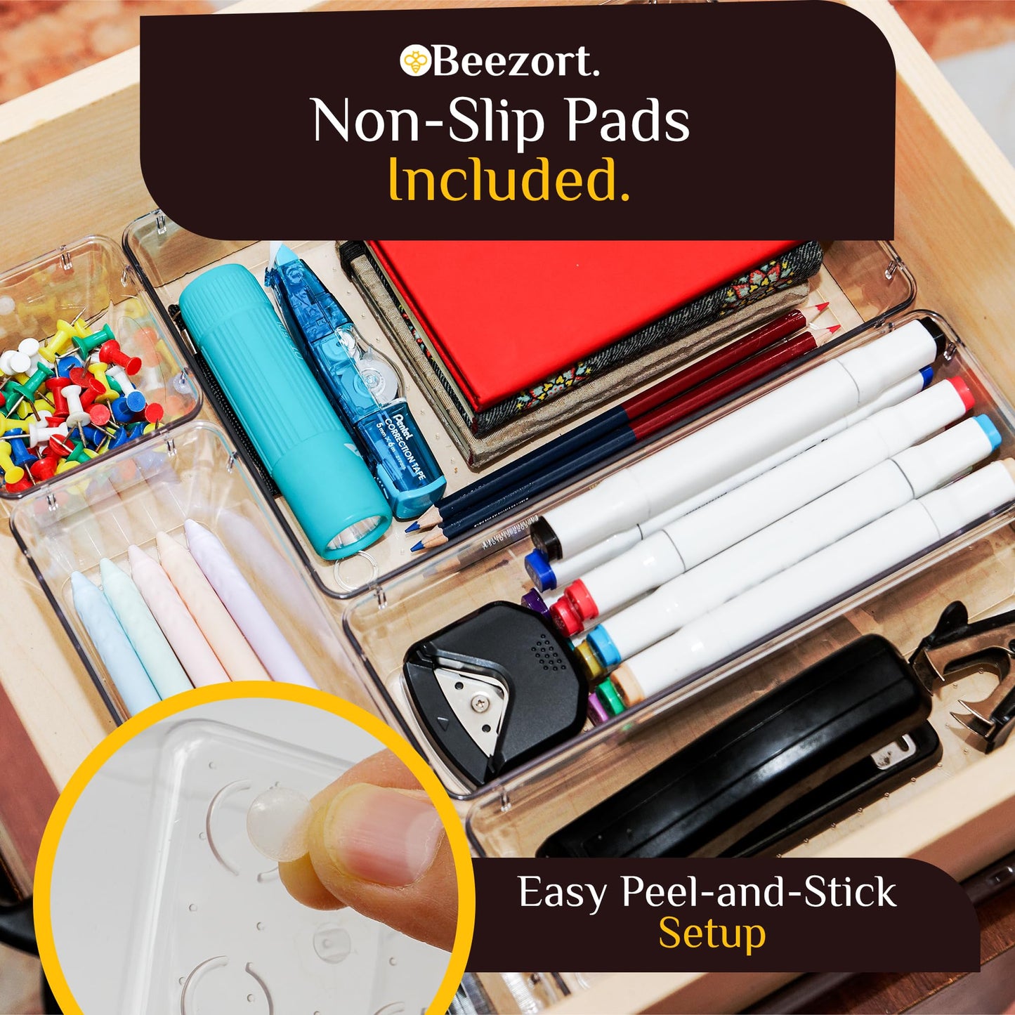Beezort 40 PCS Clear Drawer Organizer Set, BPA-Free PET Plastic Trays with Non-Slip Pads, Nesting Storage Organizers for Kitchen Drawer, Bathroom, Vanity Makeup, Office Desk