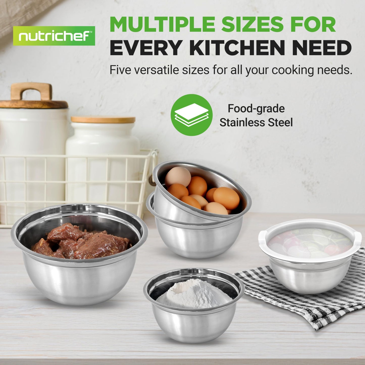 NutriChef 10 Piece Stainless Steel Mixing Bowls with Lids Set, Dishwasher Safe, 5 Stackable Nesting Bowls and 5 BPA-Free Lids for Kitchen, Cooking, Food Storage, Meal Prepping, Mixing & Serving