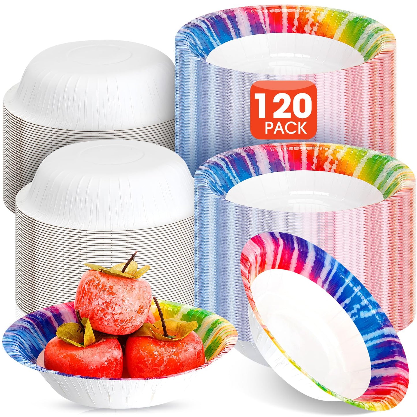 FillTouch 120 Pcs Tie Dye Paper Bowls Bulk 16 oz Party Supplies Disposable Paper Soup Bowls 7 Inches for Hot Cold Food Snack Milk Cereals Salads Dinner Birthday Rainbow Decorations