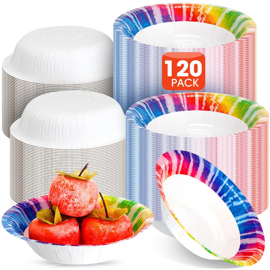 FillTouch 120 Pcs Tie Dye Paper Bowls Bulk 16 oz Party Supplies Disposable Paper Soup Bowls 7 Inches for Hot Cold Food Snack Milk Cereals Salads Dinner Birthday Rainbow Decorations