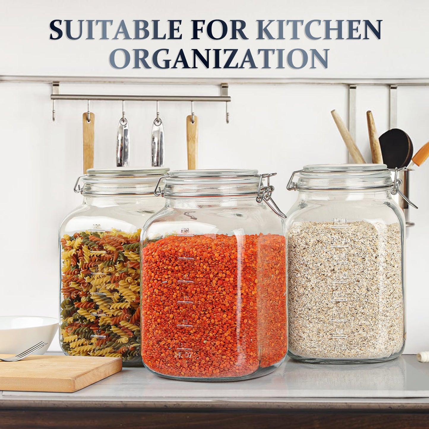 Folinstall 1 Gallon Square Super Wide-Mouth Glass Jars with Airtight Lids, Glass Storage Jars with 2 Measurement Mark, Sturdy Canning Jars with Large Capacity 4100 ML For Overnight Oats