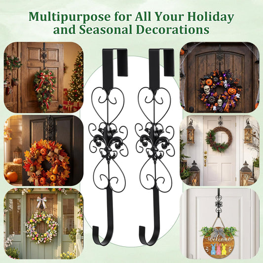 Otoolling 2 Pcs Wreath Hangers for Front Door Heavy Duty Metal Wreath Hook 15.5 Inch Door Hanger Elegant Design Decor Wreaths Hanger for Easter Christmas Indoor Outdoor (Black)