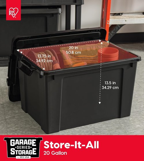 IRIS USA 20 Gallon Lockable Storage Bins - Heavy Duty, Stackable Organizing Containers | 6 Pack, Black