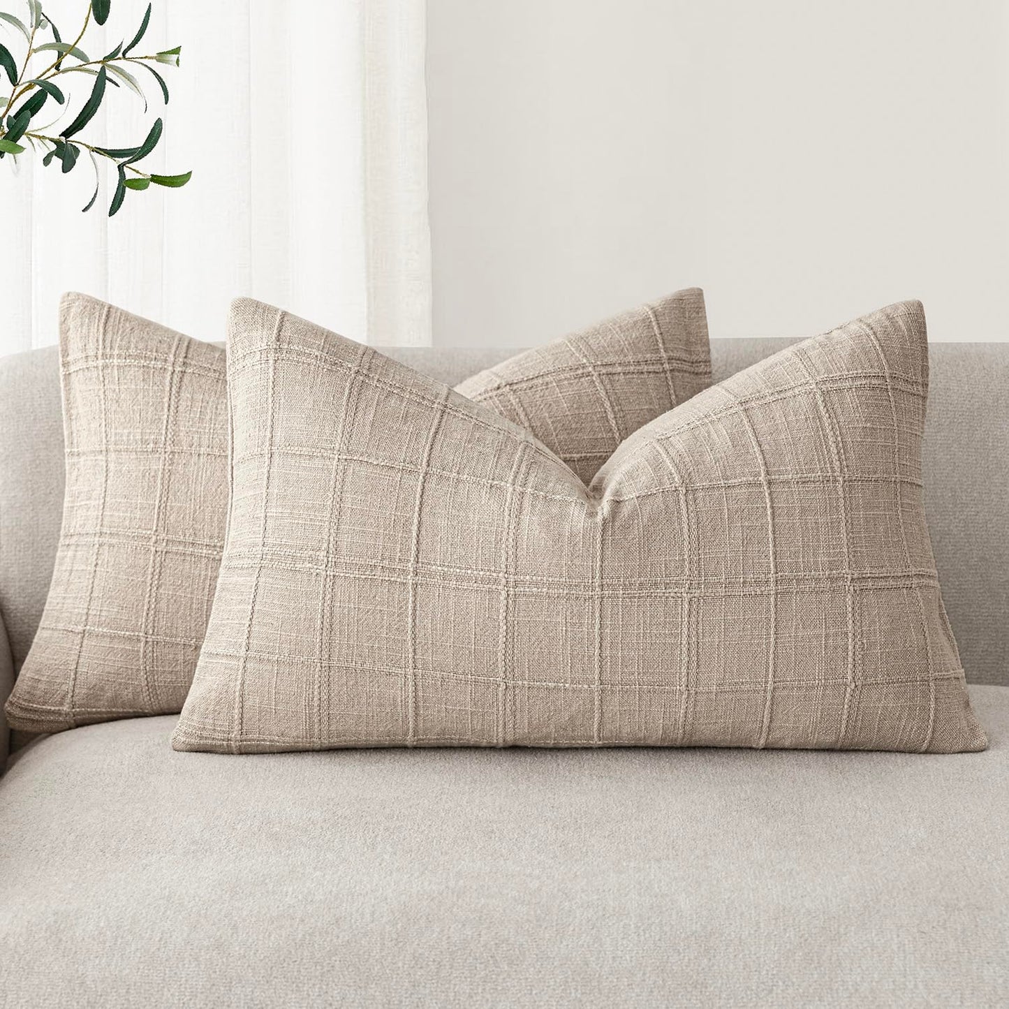 Foindtower Set of 2 Decorative Linen Check Throw Pillow Covers Neutral Farmhouse Lumbar Cushion Covers Modern Boho Home Decor for Sofa Chair Couch Bedroom Living Room,12×20 Inch,Natural Linen