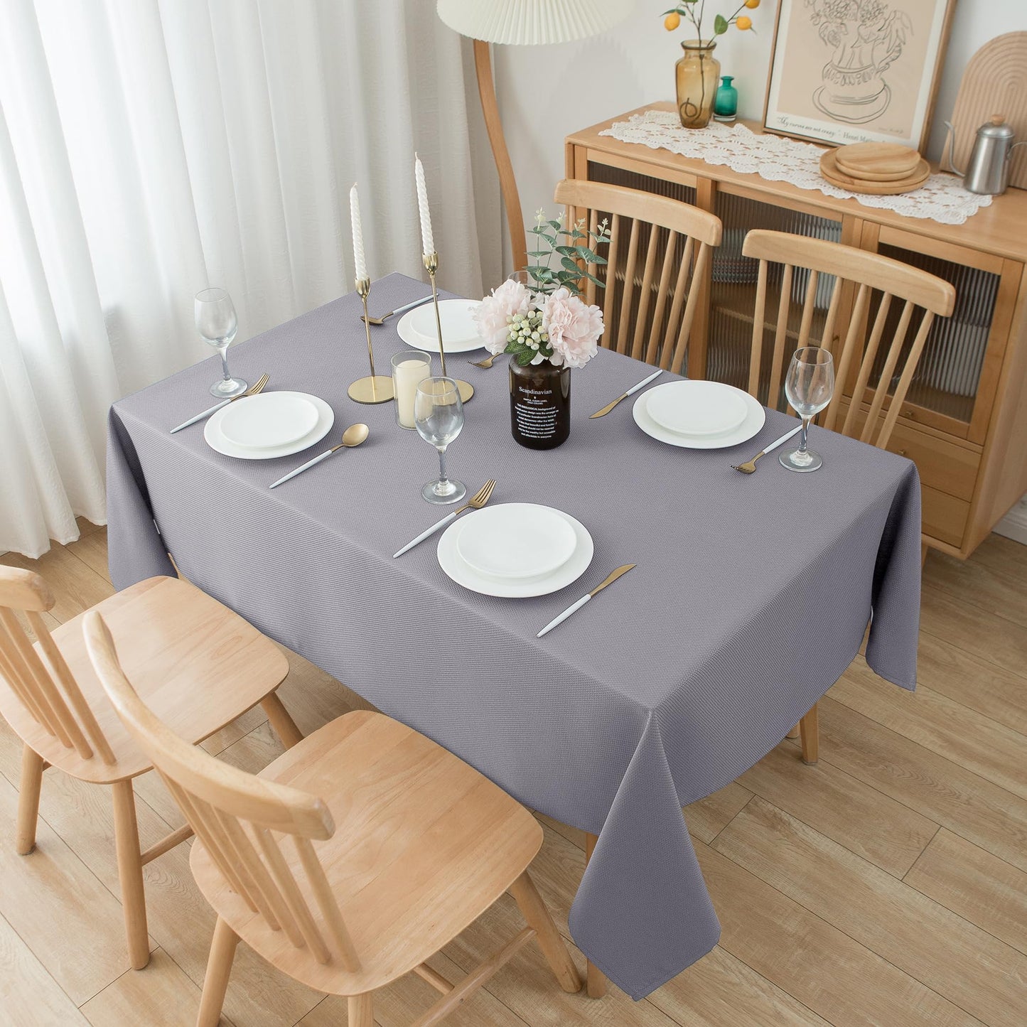 Biscaynebay Textured Fabric Tablecloths 52x70 Inches Rectangular, Silver Grey Water Resistant Tablecloths for Dining, Kitchen, Wedding and Parties etc. Machine Washable