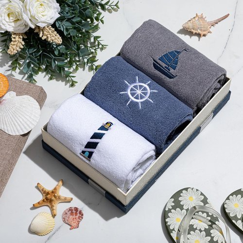 HunnmingRe Nautical Hand Towels - 3 Pcs Dark Blue & White Cotton Set | 13.3 x 28.4'' Coastal Decor