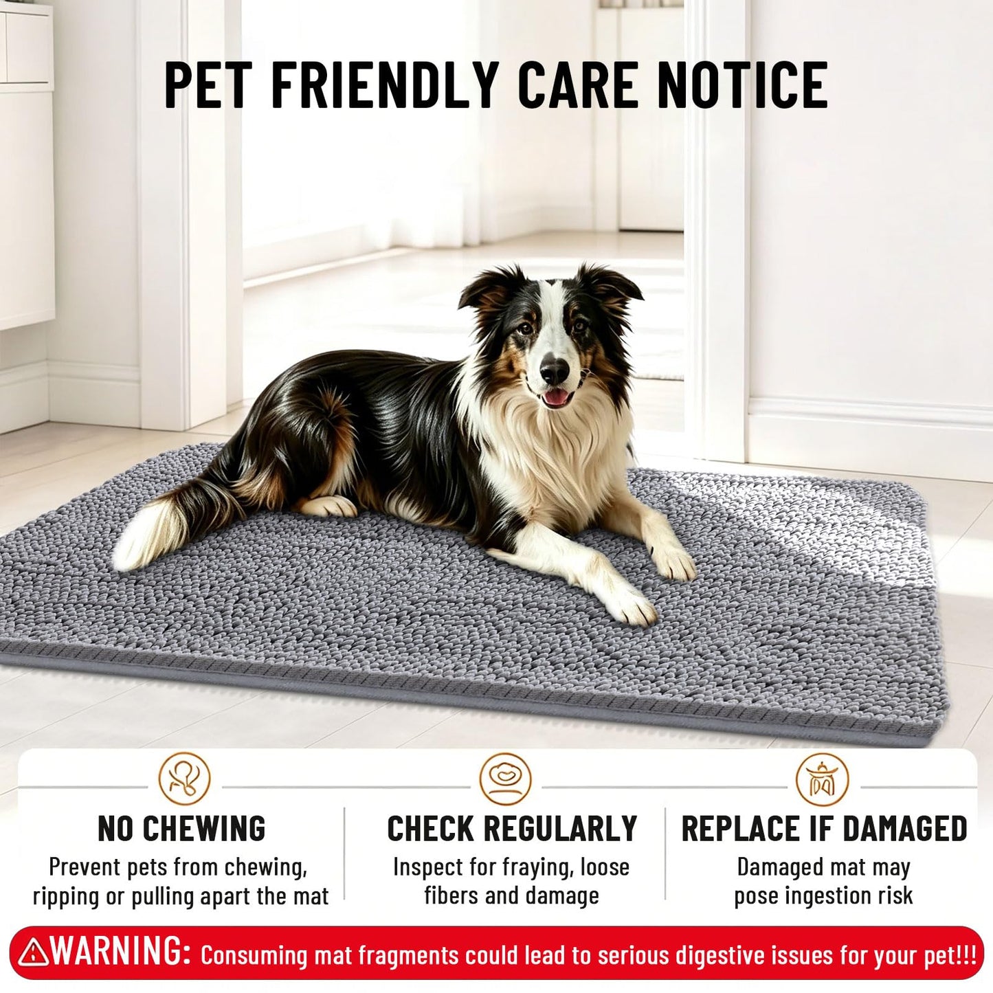 Smiry Dog Door Mat for Muddy Paws 44x32, Absorbent Dirt Trapper, Non-Slip Washable Chenille Entryway Rug for Inside Floor, Grey, Classic Solid