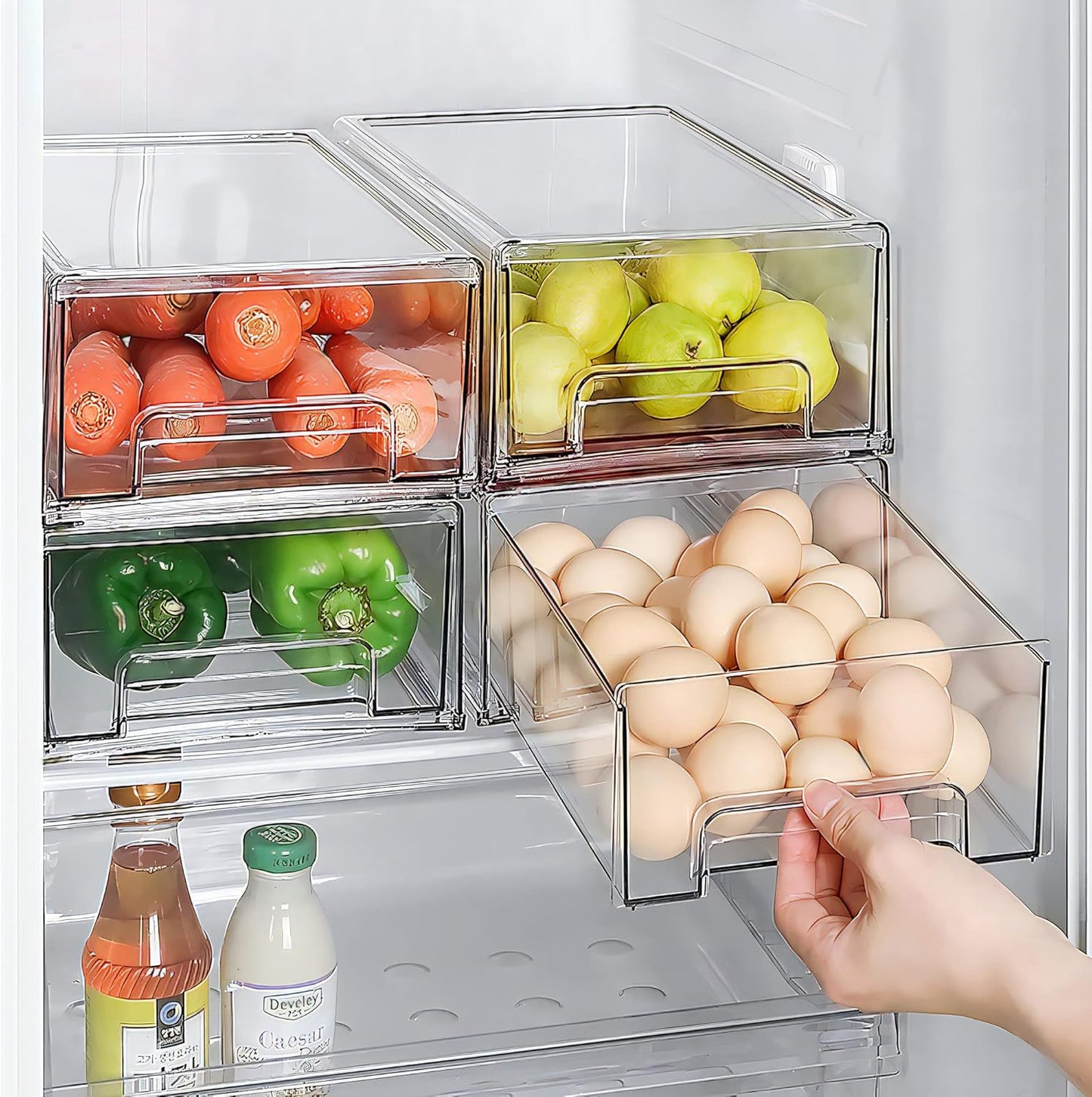 Mano Clear Fridge Drawer Organizers - Stackable Plastic Storage Bins for Kitchen & Pantry (2-Pack, Large)