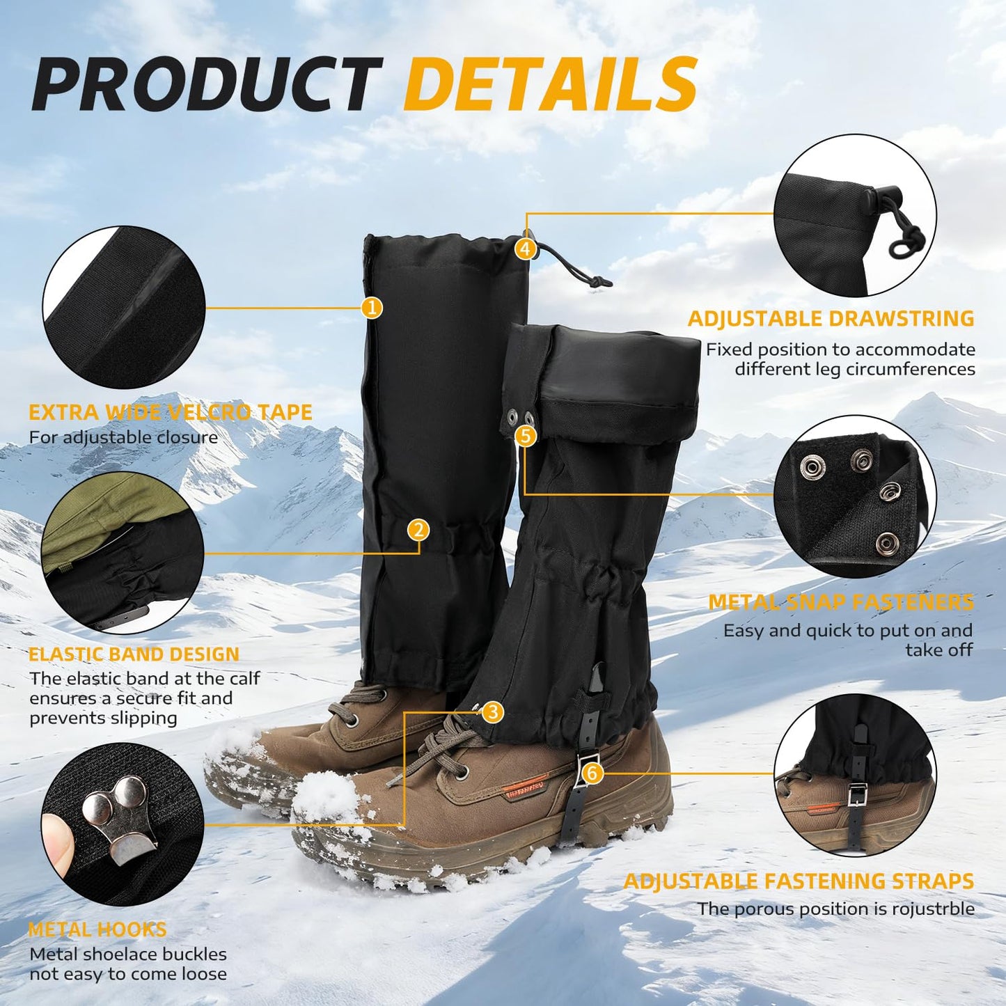 MAJWILD Adjustable Leg Gaiters, Waterproof Snow Boot Gaiters for Men Women with Hiking, Walking, Hunting, Snowshoeing, Climbing (Black, Large)