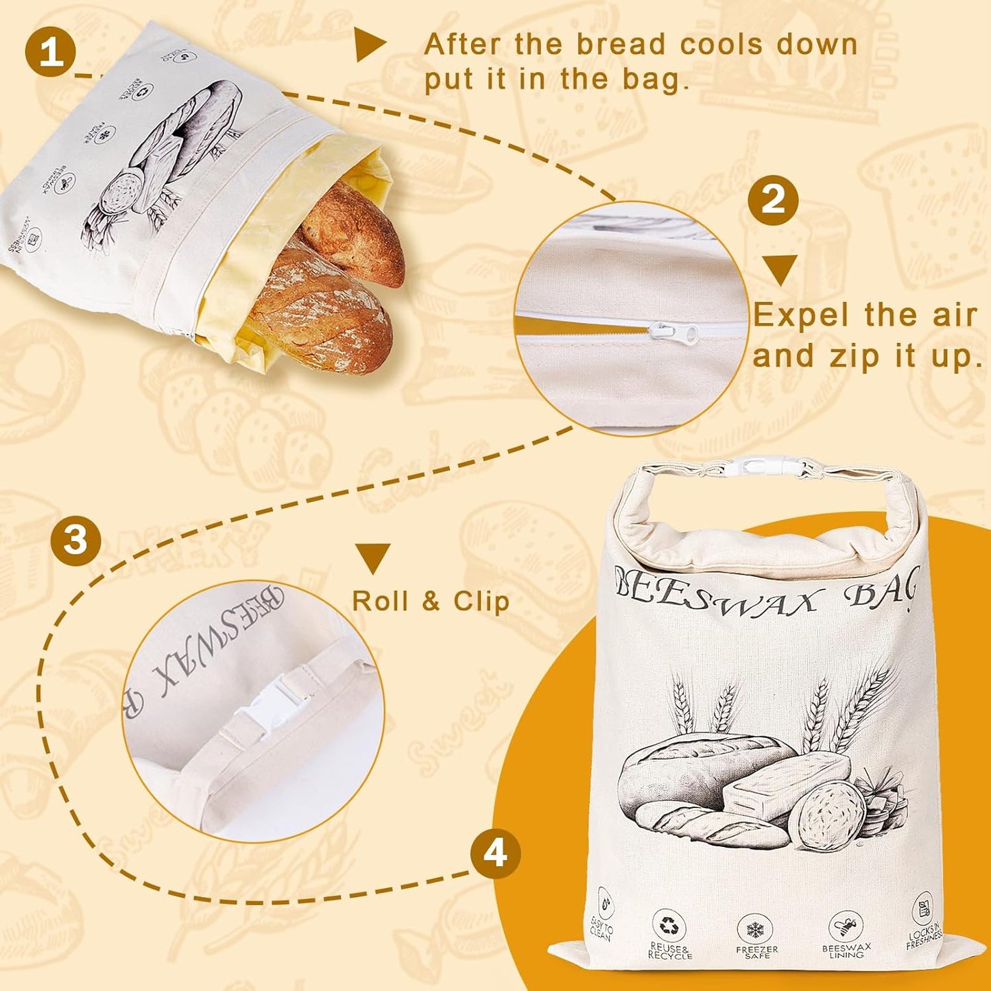 Skiennix Reusable Beeswax Bread Bags - Keep Sourdough & Homemade Bread Fresh Longer | 2-Pack (Amber Wheat)