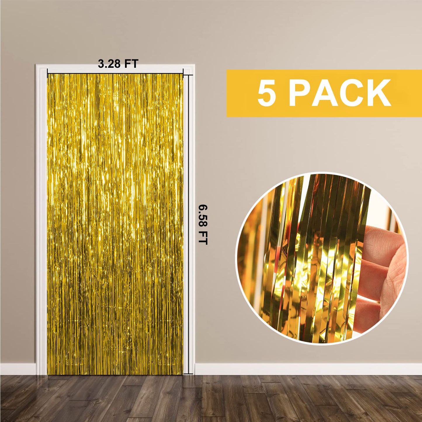 5 Pack Foil Curtain Backdrop Gold Metallic Tinsel Foil Fringe Curtains Photo Booth Props for Birthday Wedding Engagement Baby Shower Bachelorette Christmas Holiday Celebration Party Decorations