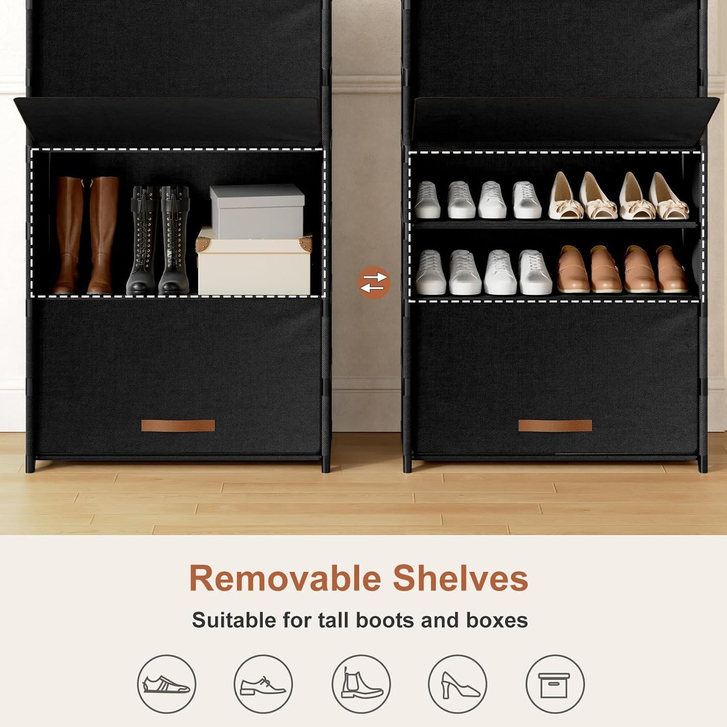 Skiennix 7-Tier Shoe Rack - 28 Pair Plastic Storage Cabinet with Door for Closet & Entryway | Black
