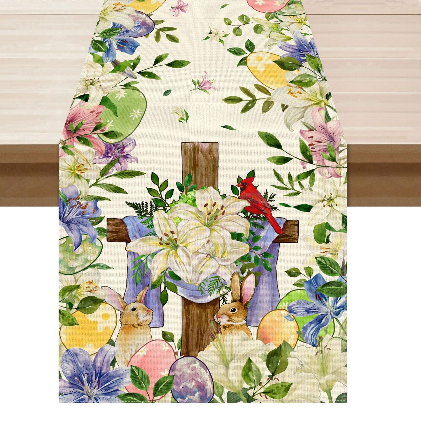 XCHI Bunny Flowers Cross Eggs Rabbit Easter Table Runner Table Decoration for Party Home Kitchen Dining Holiday Decor 13x72 Inch