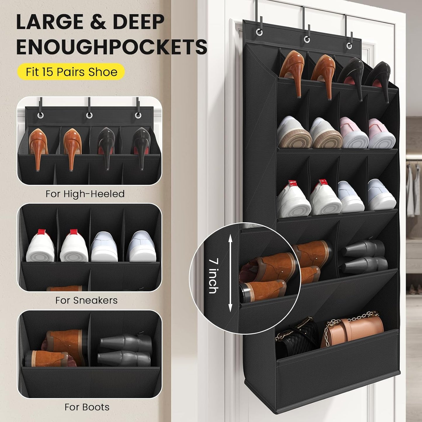 Over The Door Shoe Organizer by [Brand Name] - 18 Pairs Capacity with Large Breathable Pockets | Black