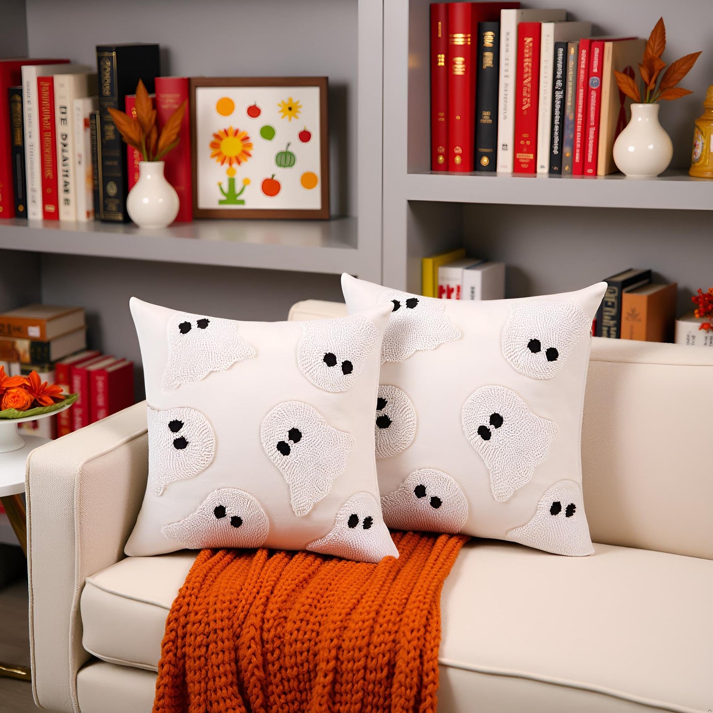 Tosleo Halloween Throw Pillow Covers 18x18 inch Set of 2 Halloween White Ghosts Embroidered Pillow Cases Thanksgiving Home Party Fall Decor Pillowcases Square Cushion Covers for Spooky Season