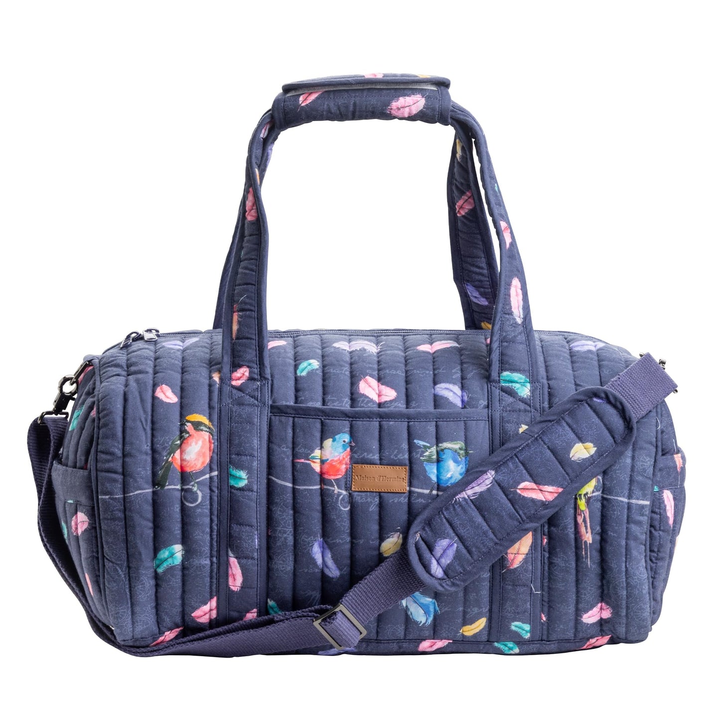 Maison d' Hermine Weekend Duffel Bags for Women Cotton Quilted Overnight Luggage Weekend Bag for Men Gym Sports Gifts Travel Business Travellers Trip Mothers Day Gifts -Birdies on Wire - Navy
