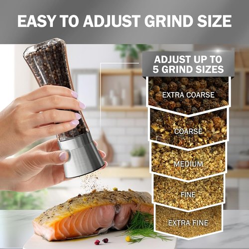 Home EC Premium Stainless Steel Salt and Pepper Grinder Set - Adjustable Ceramic | Tall Glass Shakers with Funnel & eBook