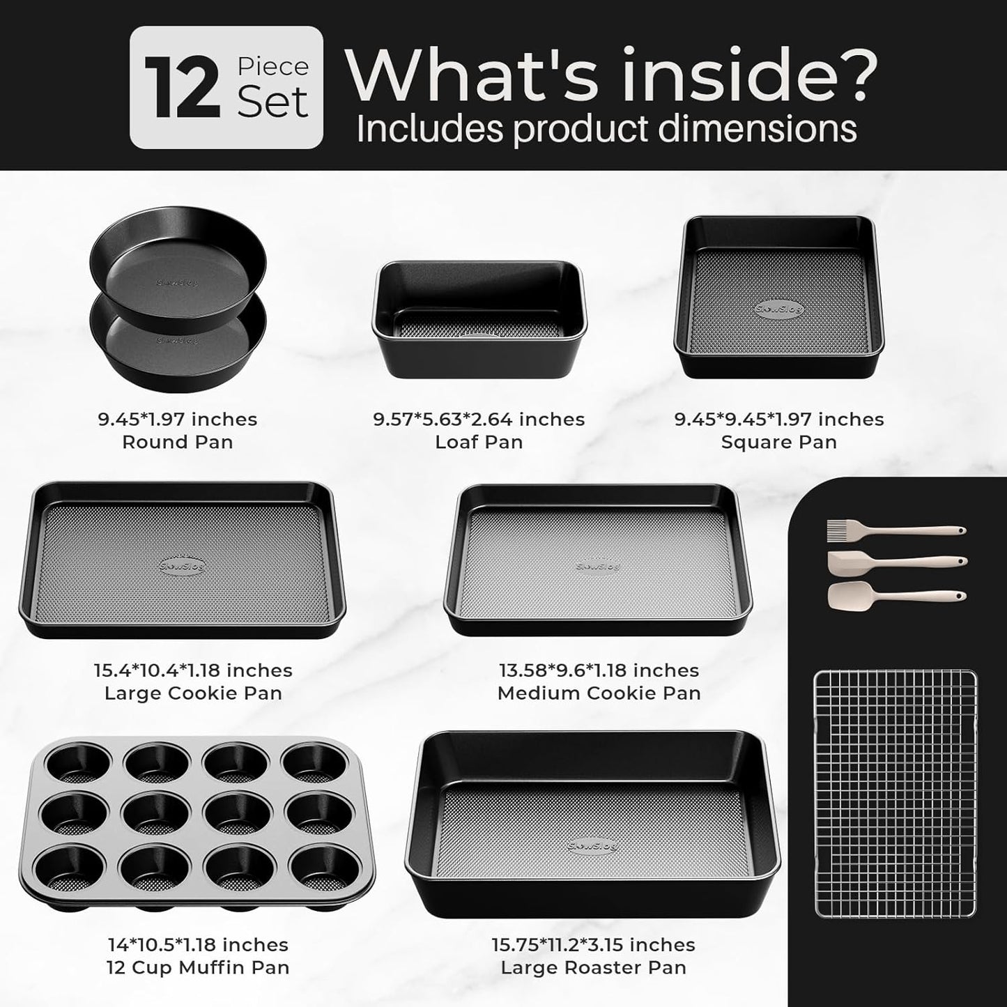 Skiennix 12-Piece Nonstick Bakeware Set - Stackable, Non-Toxic Baking Pans with Rack & Utensils | Black